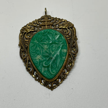Brass and Plastic Green Carved Brooch/ Pendant Bloomers and Frocks